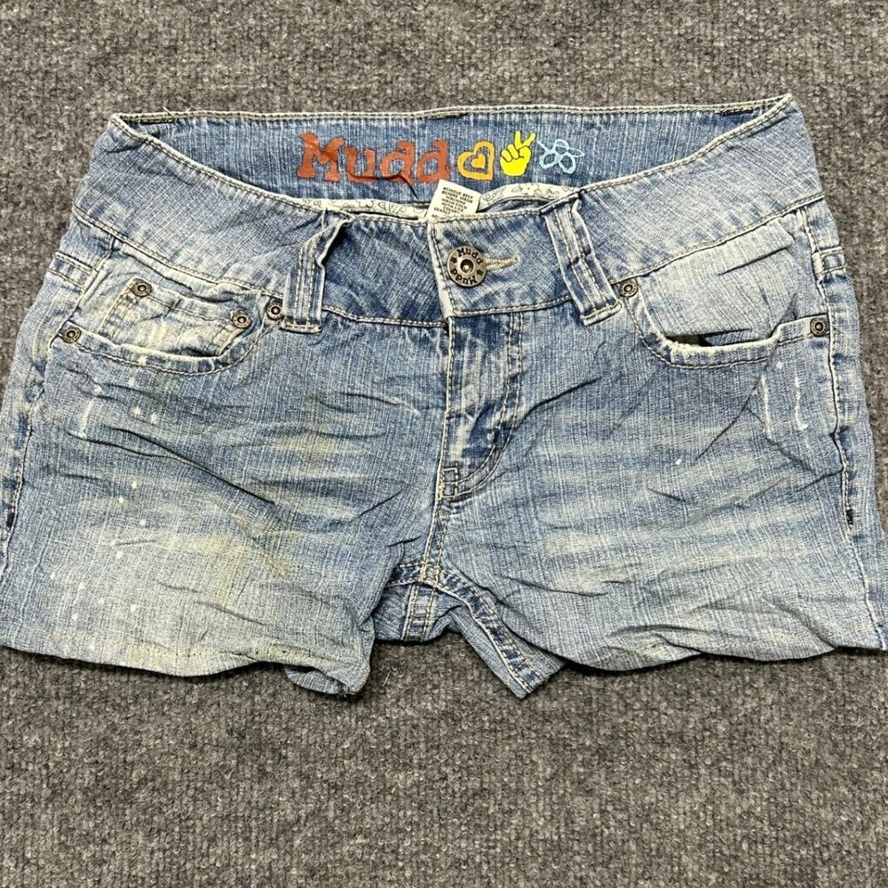 Mudd Shorts Womens Size 3 Blue Denim Low Rise Embroidered Pockets Casual Stained